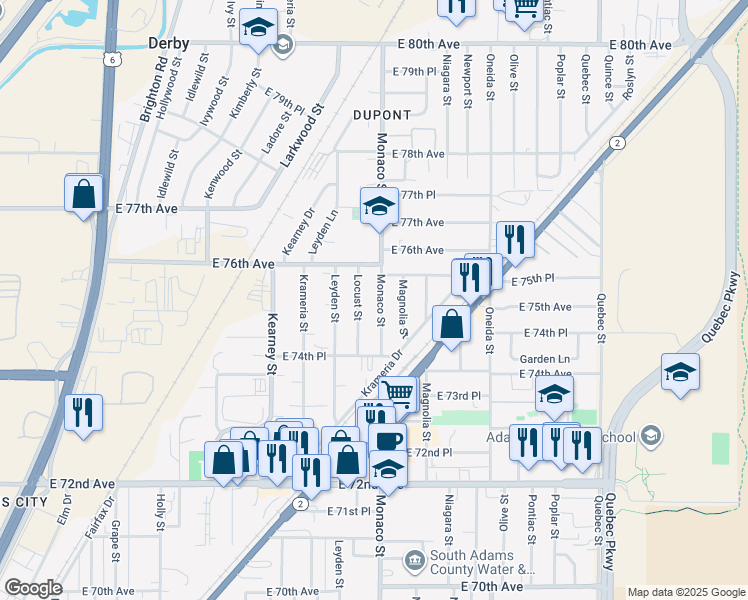 map of restaurants, bars, coffee shops, grocery stores, and more near 7571 Monaco Street in Commerce City