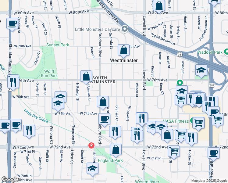map of restaurants, bars, coffee shops, grocery stores, and more near in Westminster