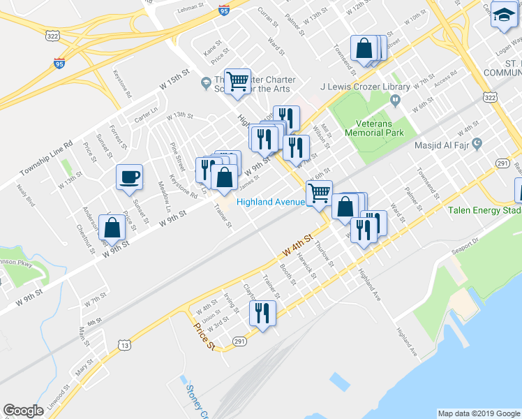 map of restaurants, bars, coffee shops, grocery stores, and more near 3001 West 7th Street in Chester