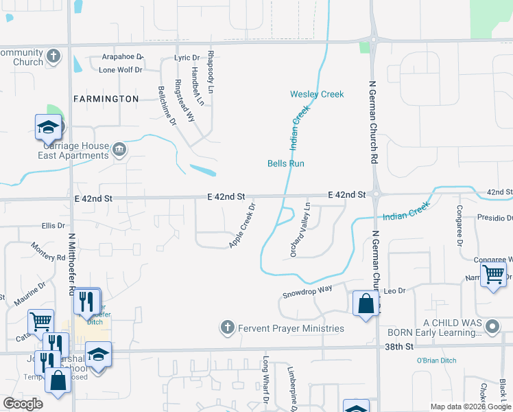 map of restaurants, bars, coffee shops, grocery stores, and more near 4171 Apple Creek Drive in Indianapolis