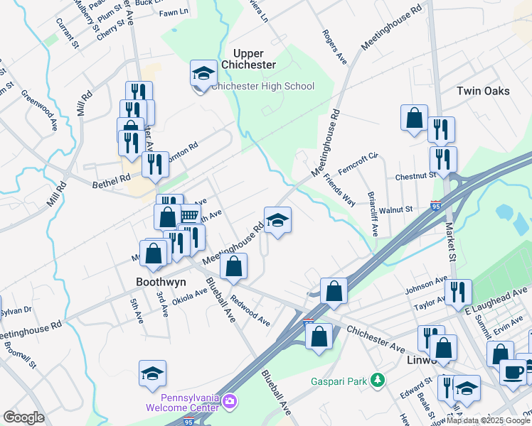 map of restaurants, bars, coffee shops, grocery stores, and more near 824 Meetinghouse Road in Boothwyn
