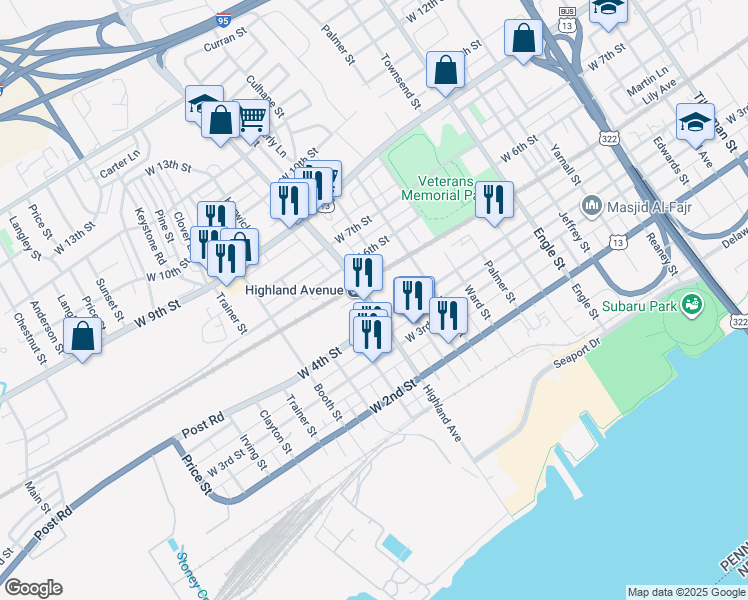 map of restaurants, bars, coffee shops, grocery stores, and more near 426 Hayes Street in Chester
