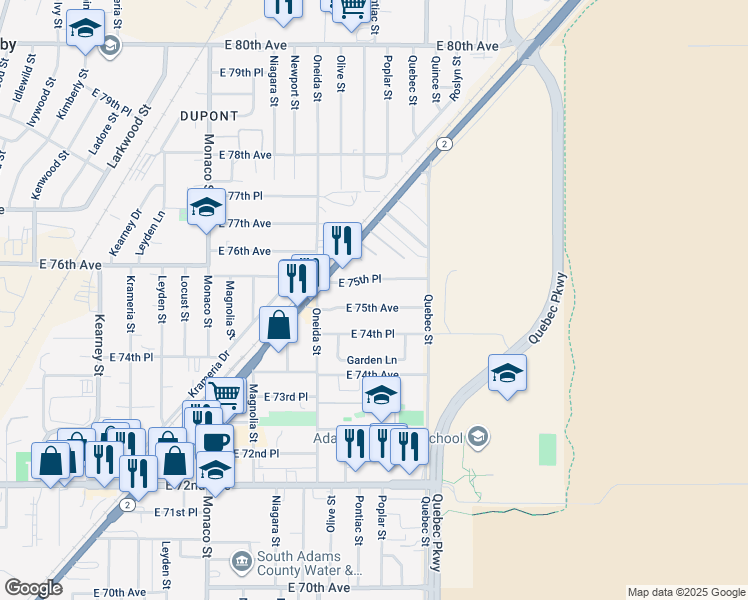 map of restaurants, bars, coffee shops, grocery stores, and more near 7100 East 75th Place in Commerce City