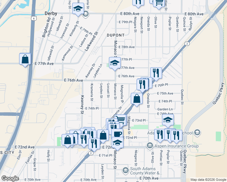 map of restaurants, bars, coffee shops, grocery stores, and more near 7571 Monaco Street in Commerce City