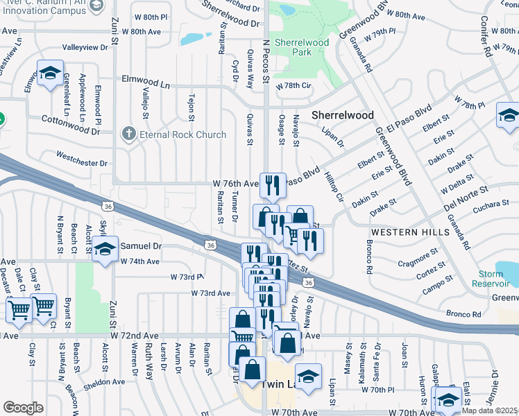 map of restaurants, bars, coffee shops, grocery stores, and more near 7549 North Pecos Street in Denver