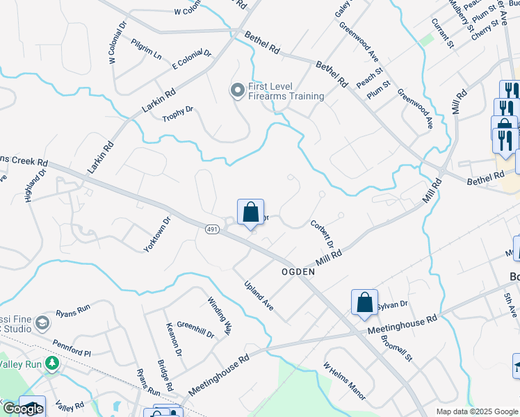 map of restaurants, bars, coffee shops, grocery stores, and more near 7000 Village Way in Boothwyn