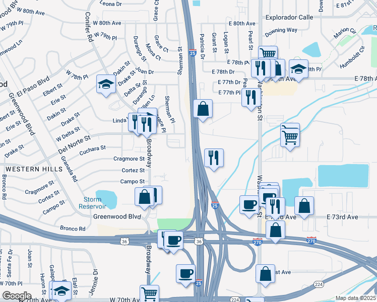 map of restaurants, bars, coffee shops, grocery stores, and more near 7556 Sherman Street in Denver