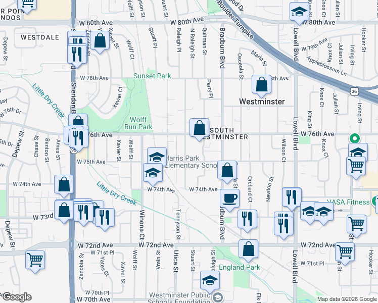 map of restaurants, bars, coffee shops, grocery stores, and more near 7574 Raleigh Street in Westminster