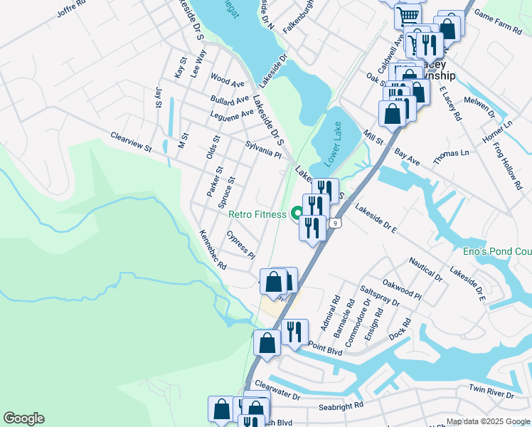 map of restaurants, bars, coffee shops, grocery stores, and more near 1222 Taylor Lane in Lacey Township