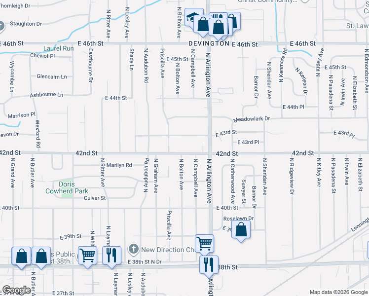 map of restaurants, bars, coffee shops, grocery stores, and more near 5885 East 43rd Street in Indianapolis