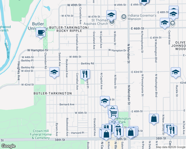 map of restaurants, bars, coffee shops, grocery stores, and more near 234 West 43rd Street in Indianapolis