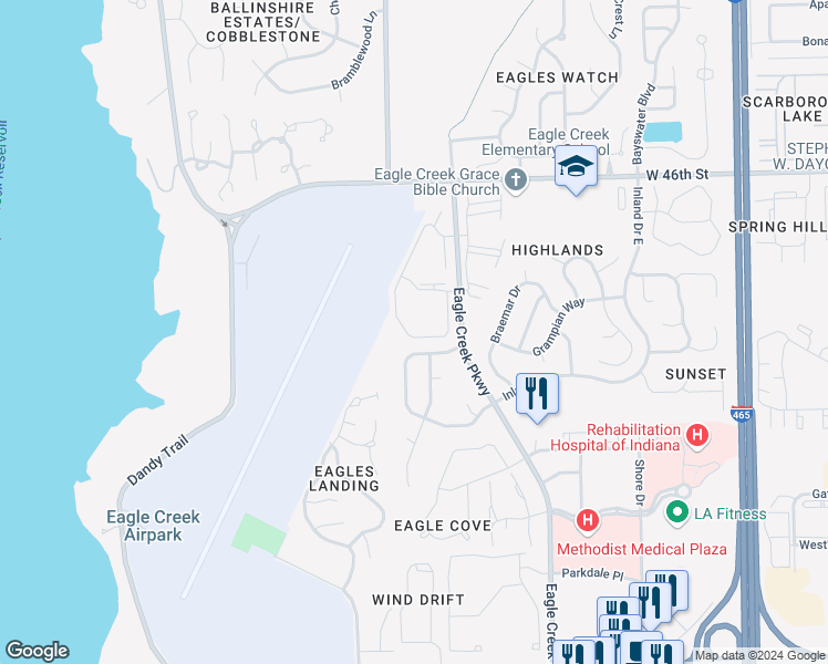 map of restaurants, bars, coffee shops, grocery stores, and more near 4301 Village Parkway Circle West in Indianapolis