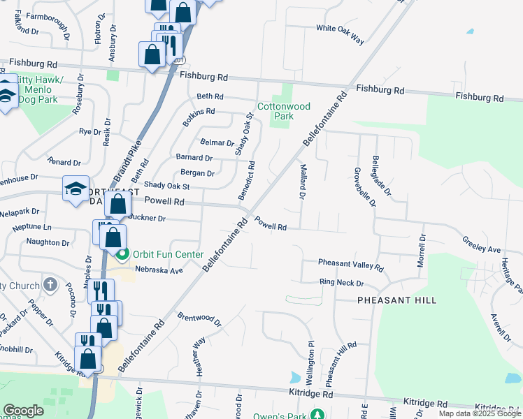 map of restaurants, bars, coffee shops, grocery stores, and more near 5632 Bellefontaine Road in Dayton