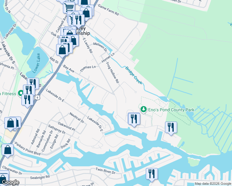 map of restaurants, bars, coffee shops, grocery stores, and more near 7 Thropp Road in Lacey Township