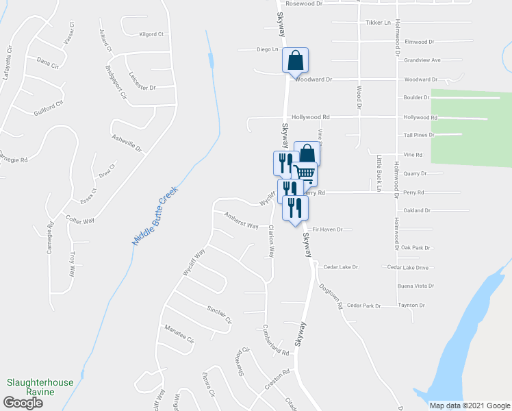 map of restaurants, bars, coffee shops, grocery stores, and more near 14424 Wycliff Way in Magalia