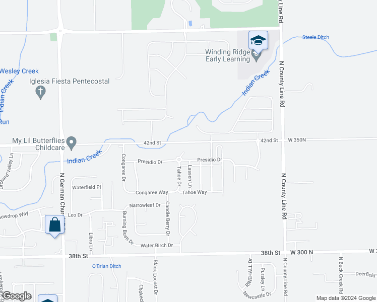map of restaurants, bars, coffee shops, grocery stores, and more near 4155 Tahoe Court in Indianapolis