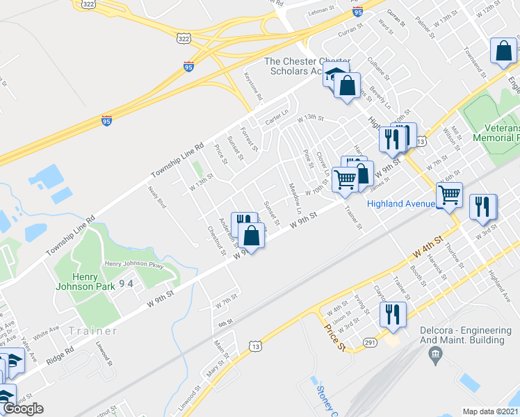 map of restaurants, bars, coffee shops, grocery stores, and more near 3608 West 10th Street in Marcus Hook