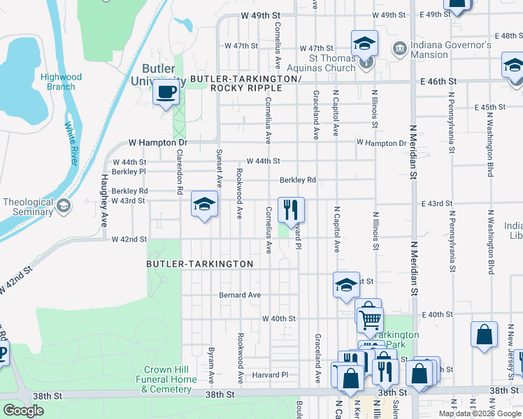 map of restaurants, bars, coffee shops, grocery stores, and more near 4302 Cornelius Avenue in Indianapolis