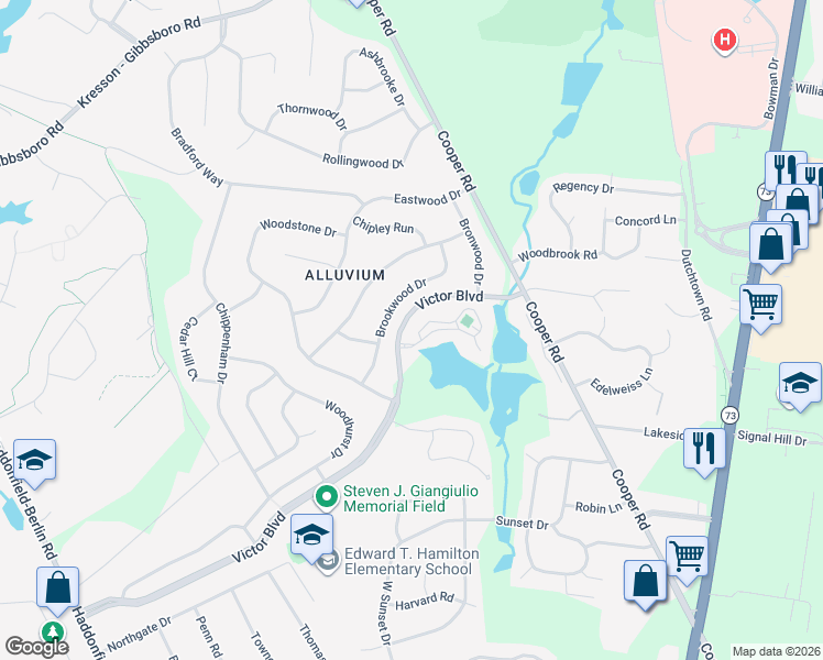 map of restaurants, bars, coffee shops, grocery stores, and more near 1003 Champlain Drive in Voorhees Township