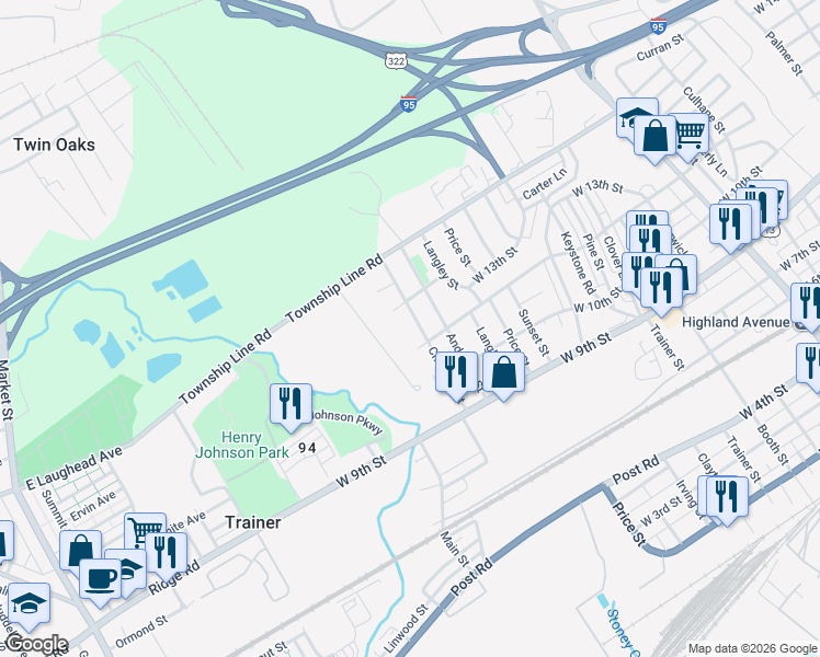 map of restaurants, bars, coffee shops, grocery stores, and more near 1220 Chestnut Street in Trainer