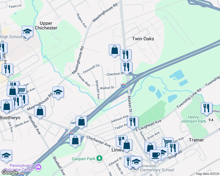 map of restaurants, bars, coffee shops, grocery stores, and more near 2207 Ferncroft Avenue in Boothwyn