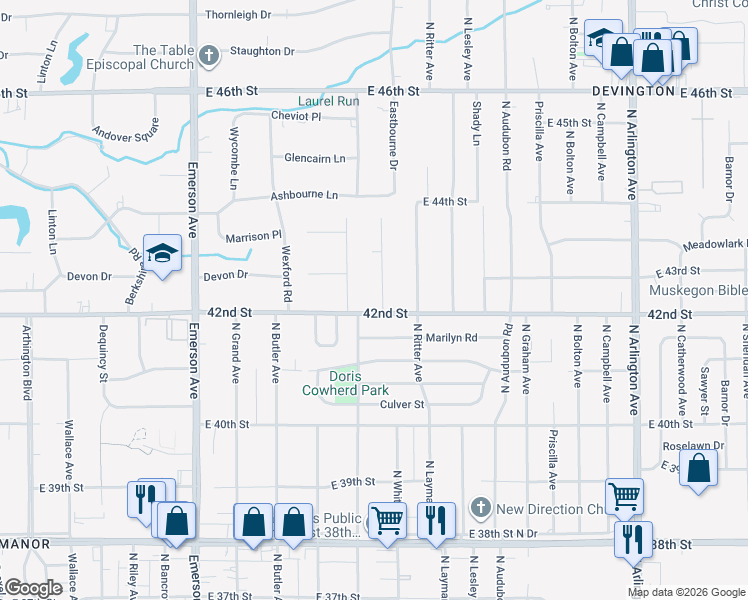map of restaurants, bars, coffee shops, grocery stores, and more near 4214 North Whittier Place in Indianapolis