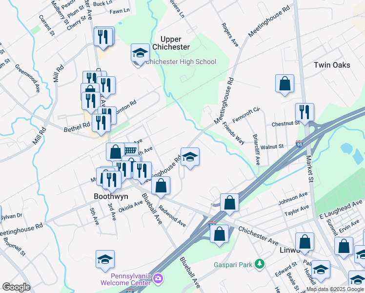 map of restaurants, bars, coffee shops, grocery stores, and more near 824 Meetinghouse Road in Boothwyn
