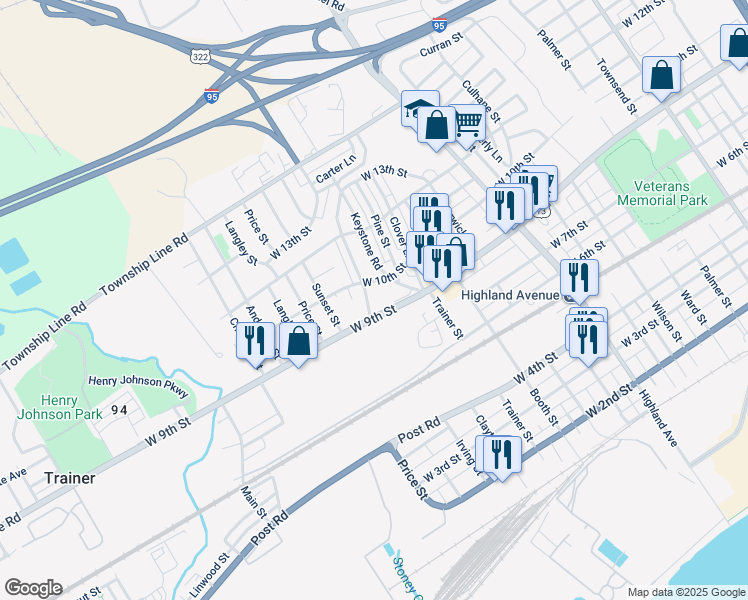 map of restaurants, bars, coffee shops, grocery stores, and more near 923 Meadow Lane in Chester