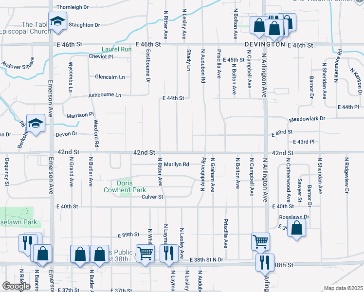 map of restaurants, bars, coffee shops, grocery stores, and more near 4212 North Lesley Avenue in Indianapolis