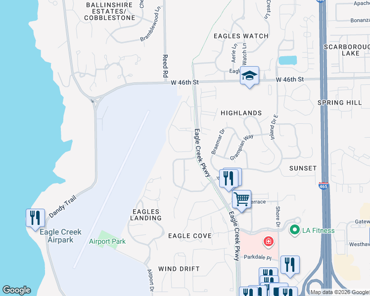 map of restaurants, bars, coffee shops, grocery stores, and more near 4260 Village Parkway Circle East in Indianapolis