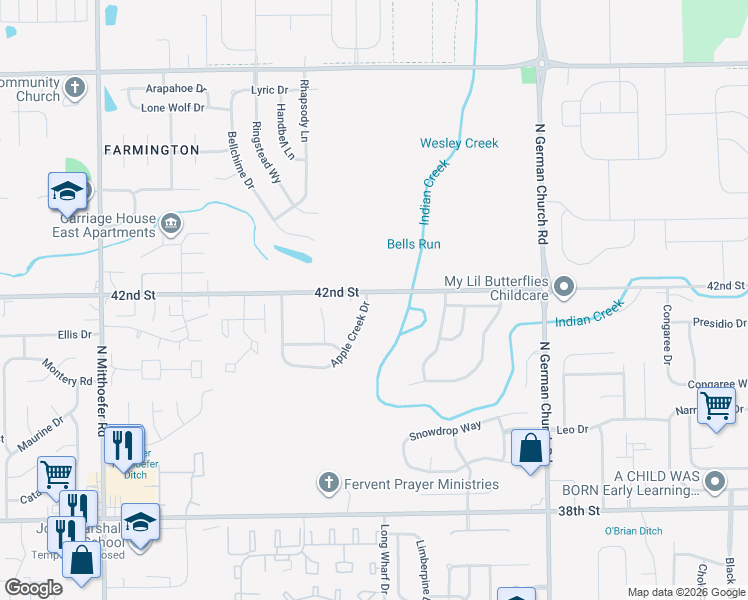 map of restaurants, bars, coffee shops, grocery stores, and more near 4171 Apple Creek Drive in Indianapolis