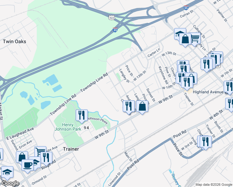 map of restaurants, bars, coffee shops, grocery stores, and more near 1220 Chestnut Street in Trainer