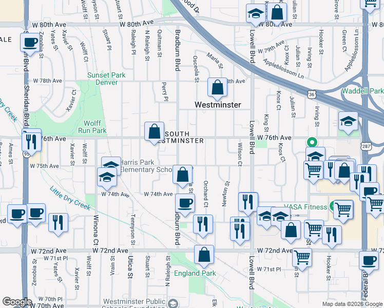 map of restaurants, bars, coffee shops, grocery stores, and more near in Westminster