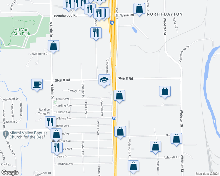 map of restaurants, bars, coffee shops, grocery stores, and more near 5910 Erica Court in Dayton