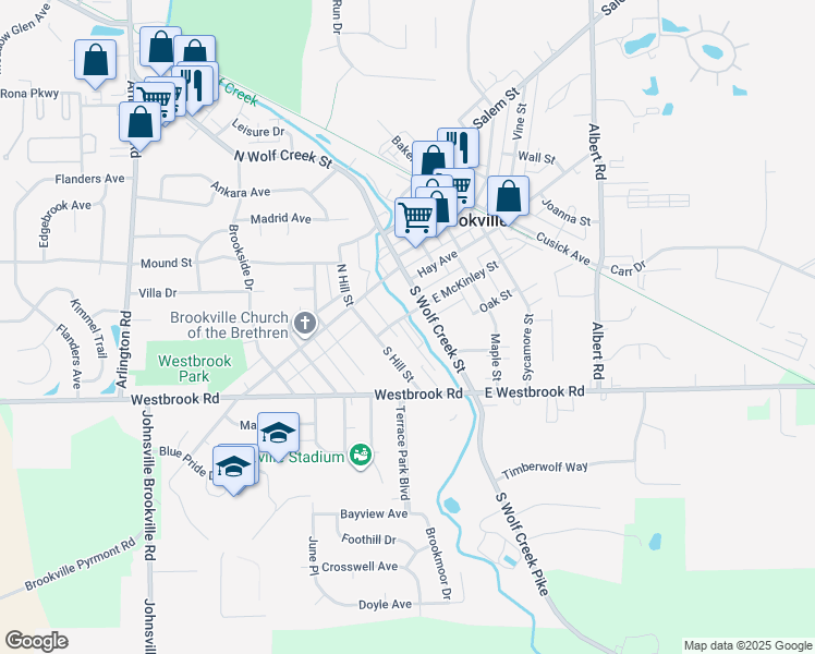 map of restaurants, bars, coffee shops, grocery stores, and more near 34 McKinley Street in Brookville