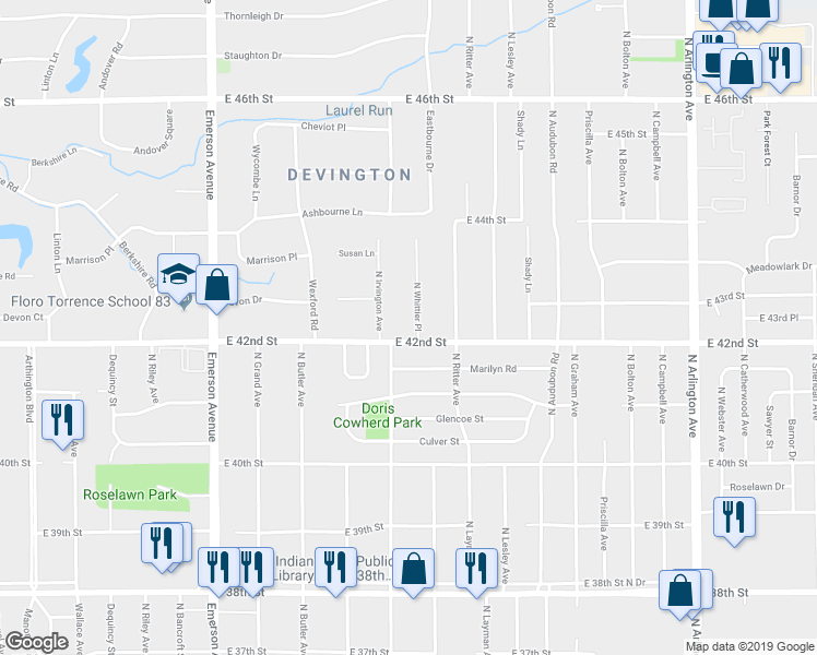 map of restaurants, bars, coffee shops, grocery stores, and more near 4214 North Whittier Place in Indianapolis