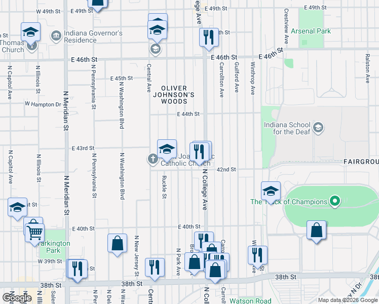 map of restaurants, bars, coffee shops, grocery stores, and more near 4249 Broadway Street in Indianapolis