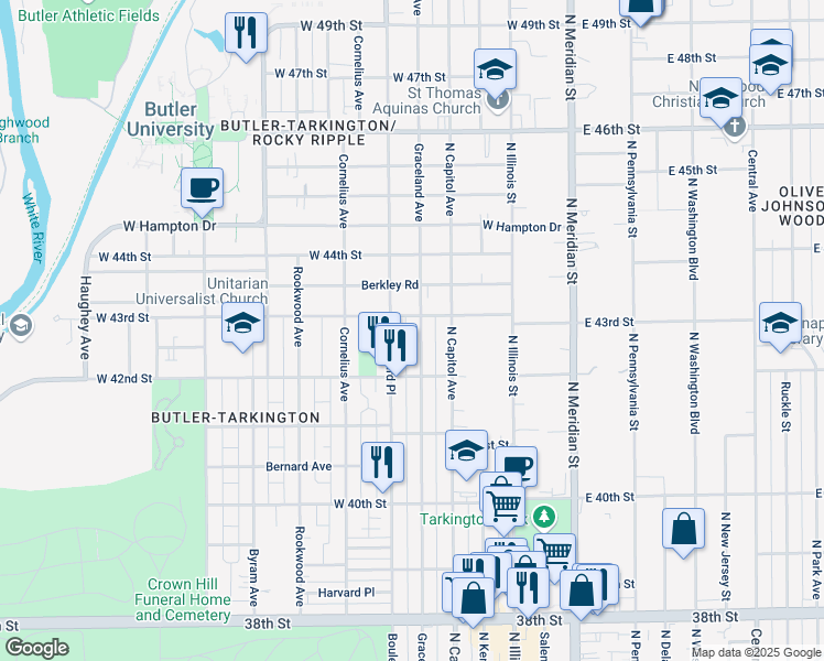 map of restaurants, bars, coffee shops, grocery stores, and more near 234 West 43rd Street in Indianapolis