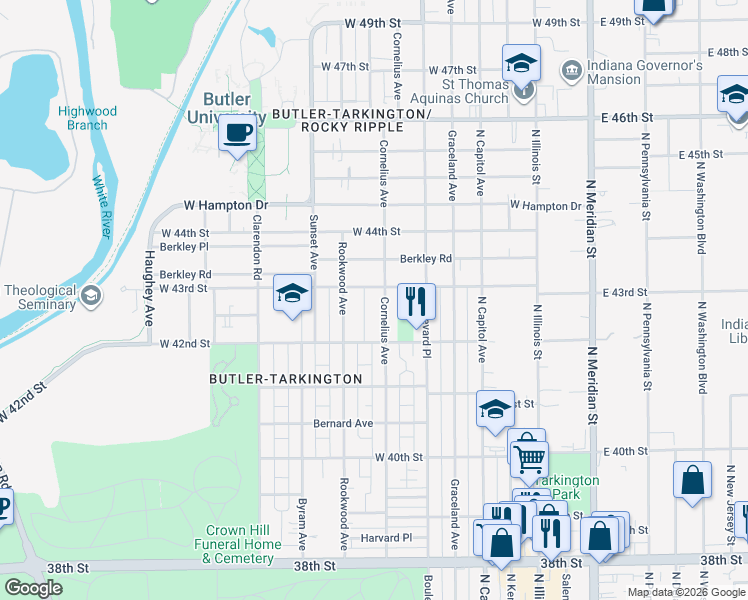 map of restaurants, bars, coffee shops, grocery stores, and more near 4302 Cornelius Avenue in Indianapolis