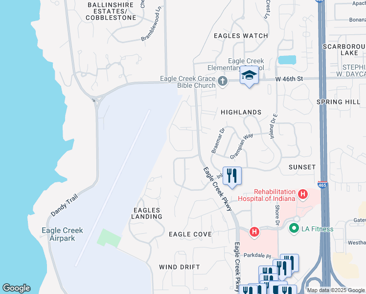map of restaurants, bars, coffee shops, grocery stores, and more near 4260 Village Parkway Circle East in Indianapolis