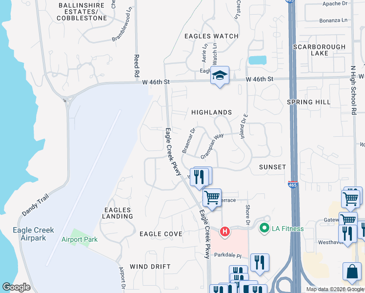 map of restaurants, bars, coffee shops, grocery stores, and more near 4417 Eagle Creek Parkway in Indianapolis