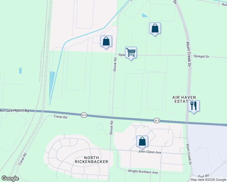 map of restaurants, bars, coffee shops, grocery stores, and more near Shook Road in Columbus