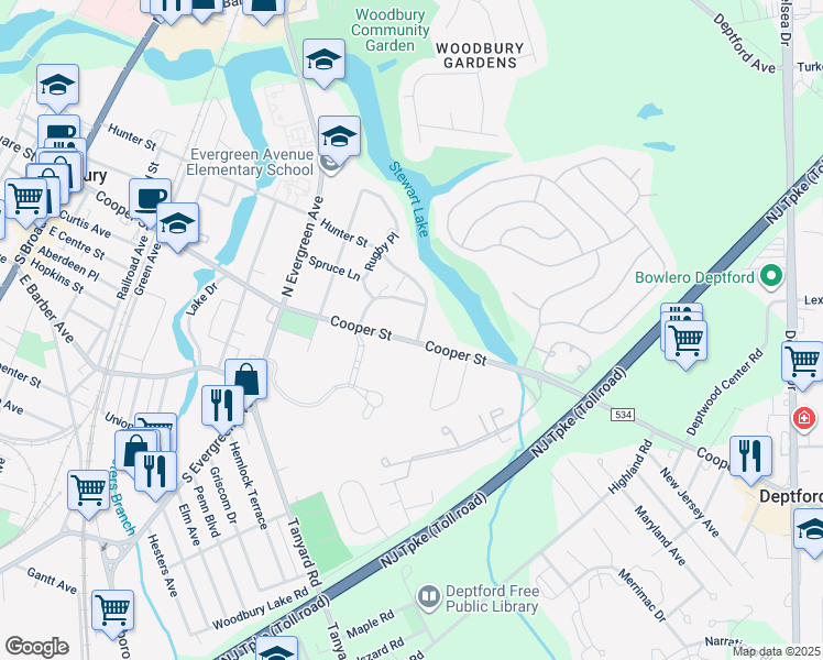 map of restaurants, bars, coffee shops, grocery stores, and more near 554 Cooper Street in Woodbury