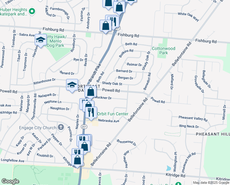 map of restaurants, bars, coffee shops, grocery stores, and more near 5260 Powell Road in Huber Heights