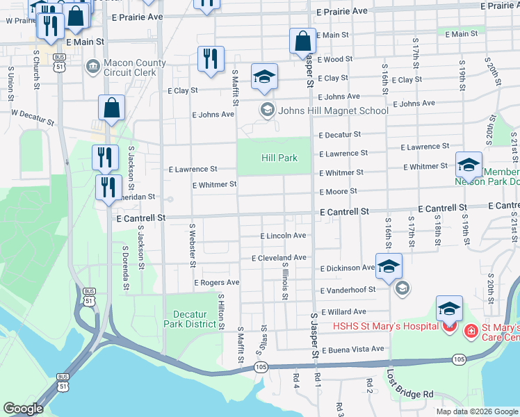 map of restaurants, bars, coffee shops, grocery stores, and more near 935 East Moore Street in Decatur