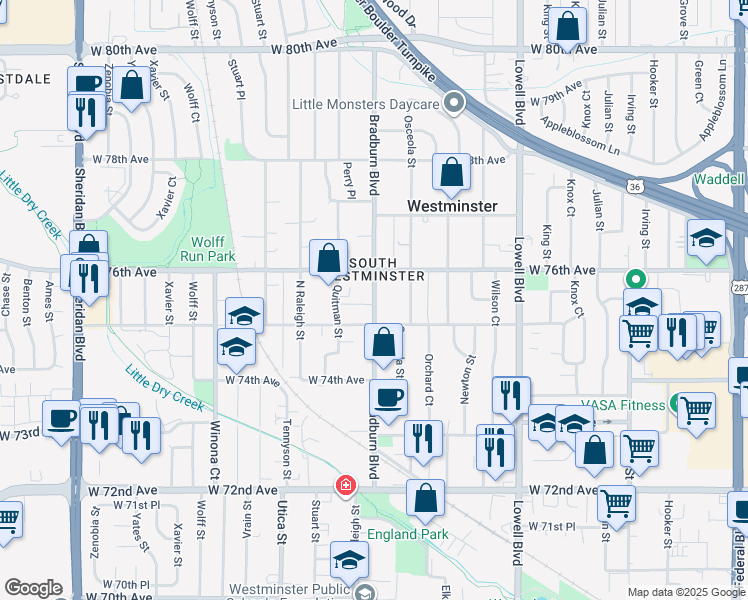 map of restaurants, bars, coffee shops, grocery stores, and more near 7585 Bradburn Boulevard in Westminster