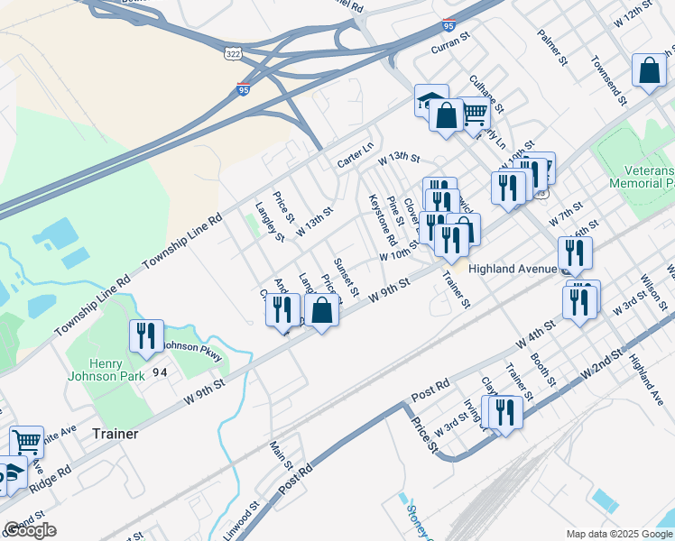 map of restaurants, bars, coffee shops, grocery stores, and more near 1004 Sunset Street in Marcus Hook