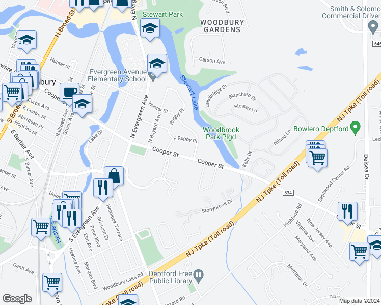 map of restaurants, bars, coffee shops, grocery stores, and more near 554 Cooper Street in Woodbury