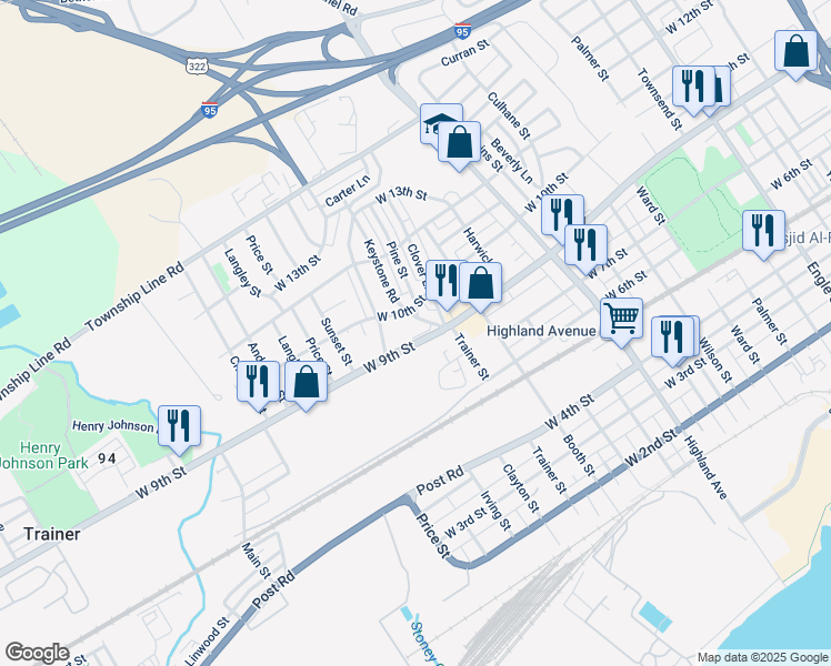 map of restaurants, bars, coffee shops, grocery stores, and more near 3200 West 9th Street in Chester