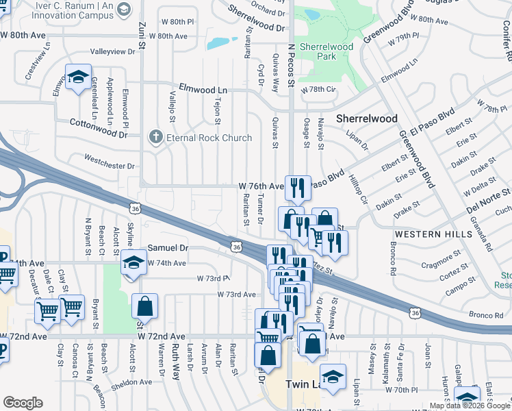 map of restaurants, bars, coffee shops, grocery stores, and more near 7602 Shoshone Street in Denver